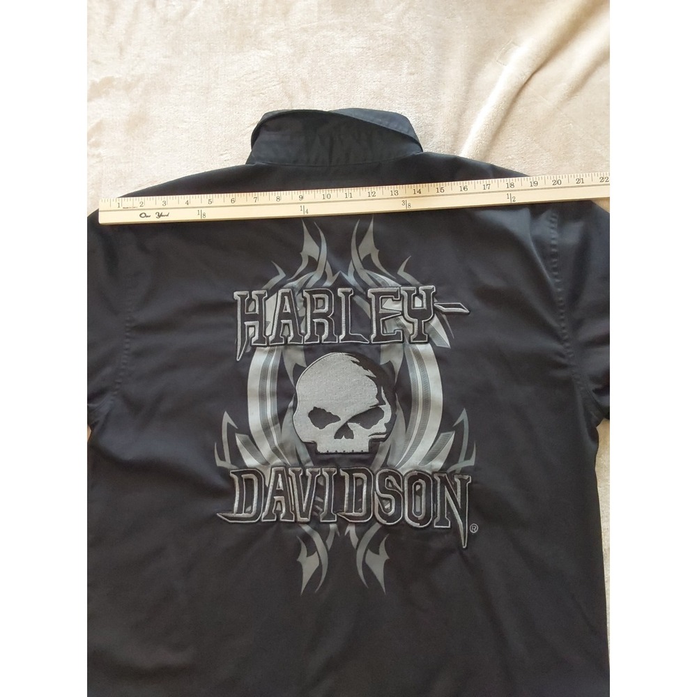 Harley Davidson Skull Button Up Shirt Mens Medium Black Short Sleeve Biker - Picture 11 of 15